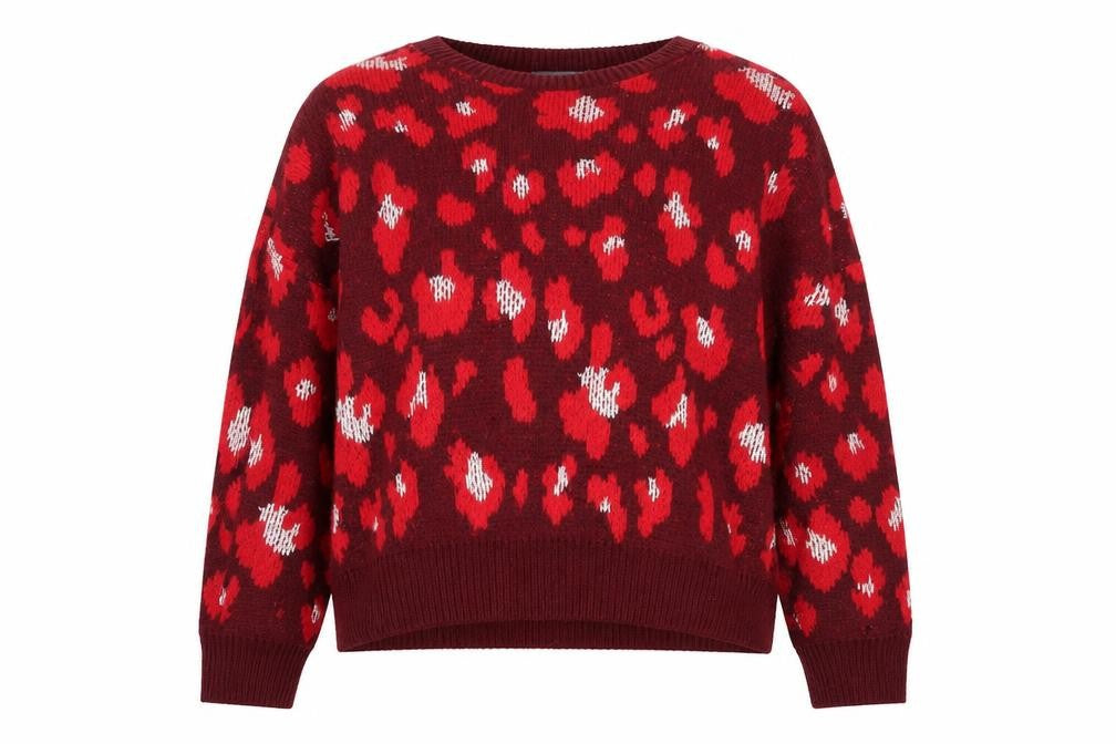 Front view of Primark women’s red animal print jumper, size S