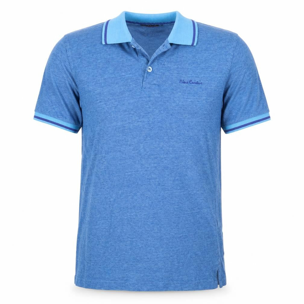 Front view of piene candin men’s blue polo, size S