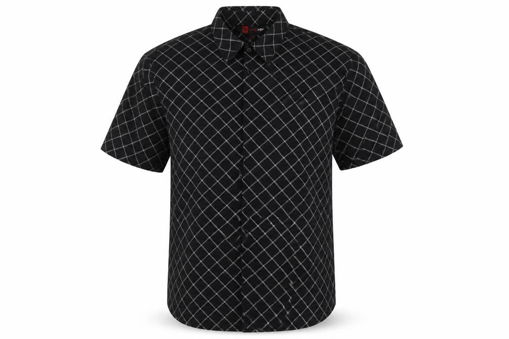 Front view of Cutting Edge men’s black check button-up, size M