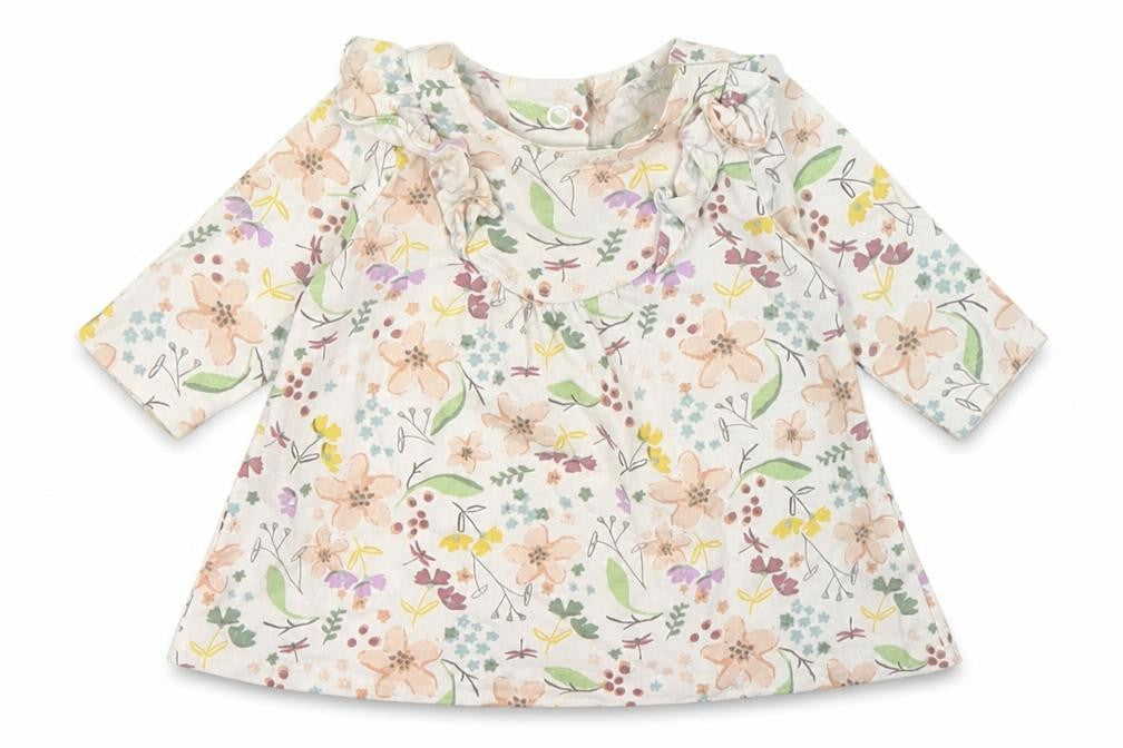 Front view of Mini Club girls’ beige floral basic blouse, size 0-3, months