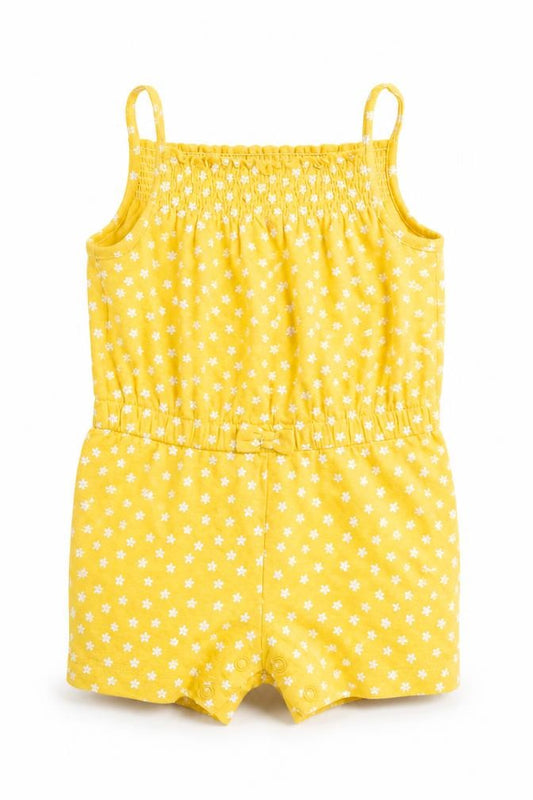 Front view of Primark girls’ yellow floral romper one-piece, size 6-9, months