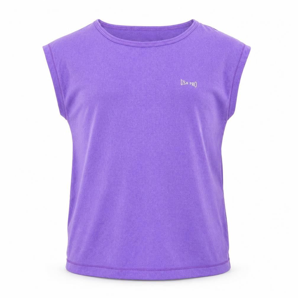 Front view of USA Pro girls’ purple basic t-shirt, size 9-10, years