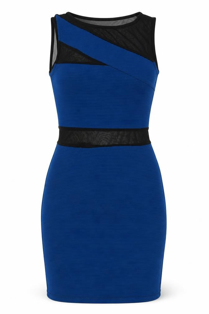 Front view of Quiz women’s blue bodycon, size UK 6