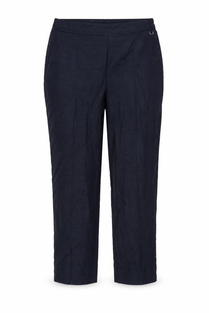 Front view of Marks & Spencer women’s blue trousers, size UK 14, 24-inch leg