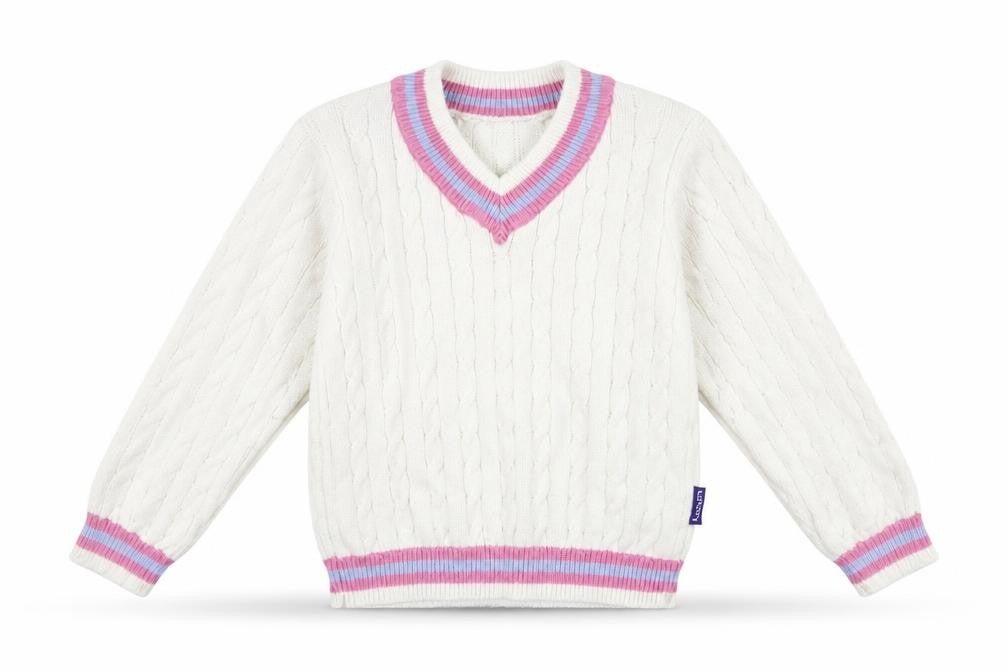 Front view of lords boys’ white jumper, size 5-6, years