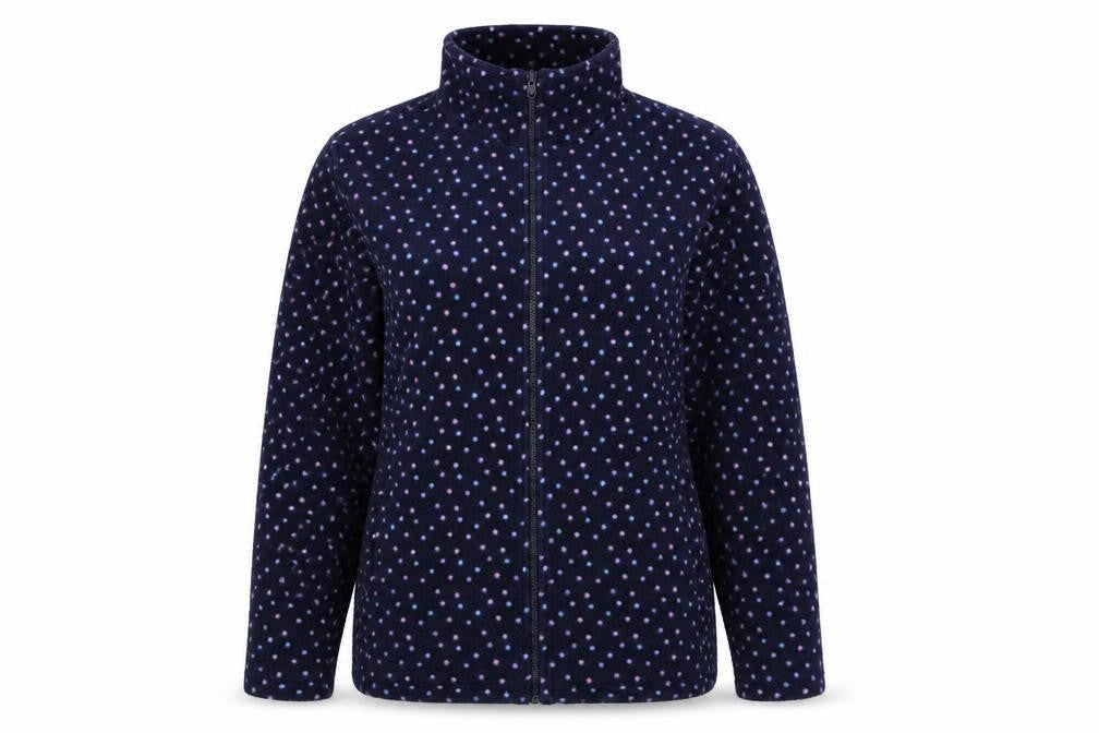 Front view of Affections women’s blue polka dot full zip jumper, size XL