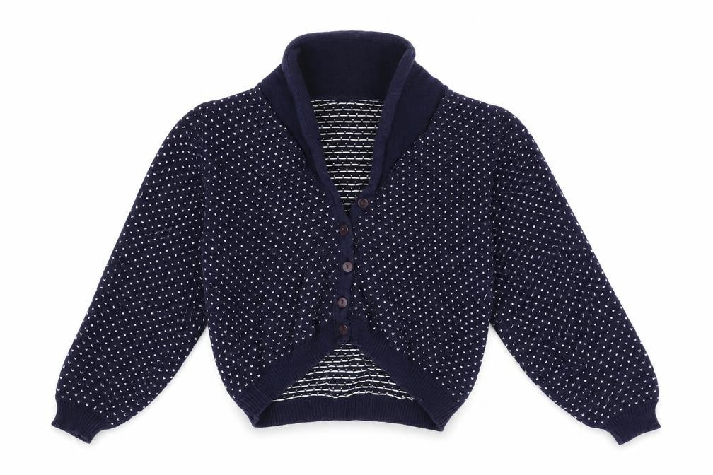 Front view of Preworn women’s blue cardigan jumper, size UK 12