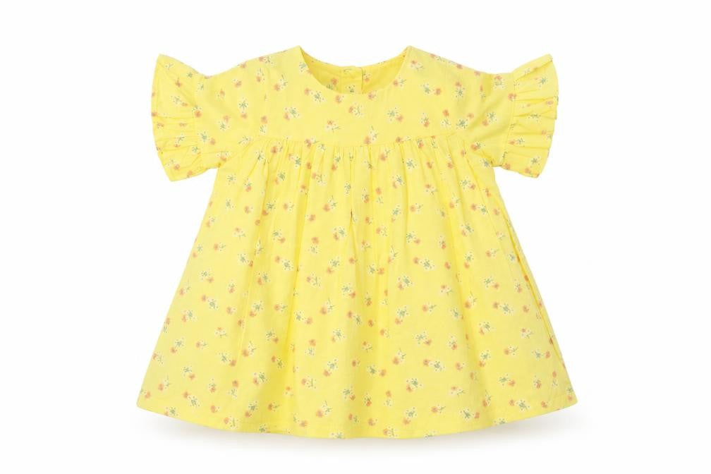 Front view of Marks & Spencer boys’ yellow floral a-line, size 3-6, months
