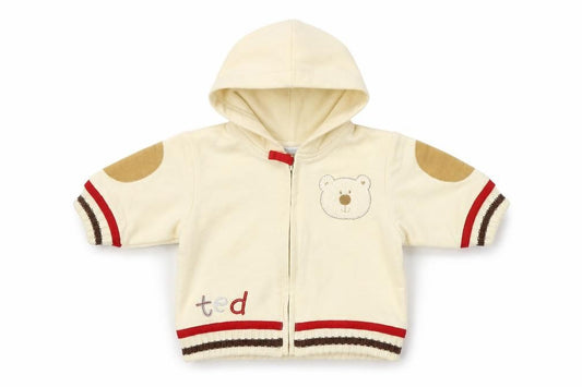 Front view of Pitter Patter girls’ beige full zip jumper, size 3-6, months