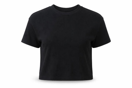 Front view of ASOS women’s black basic t-shirt, size UK 6