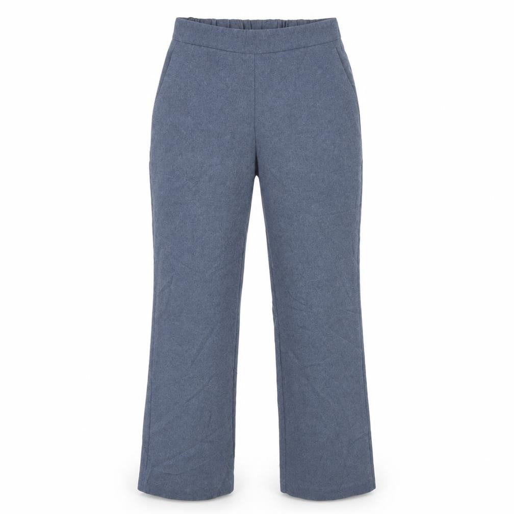 Front view of Preworn women’s blue trousers, size UK 10, 28-inch leg