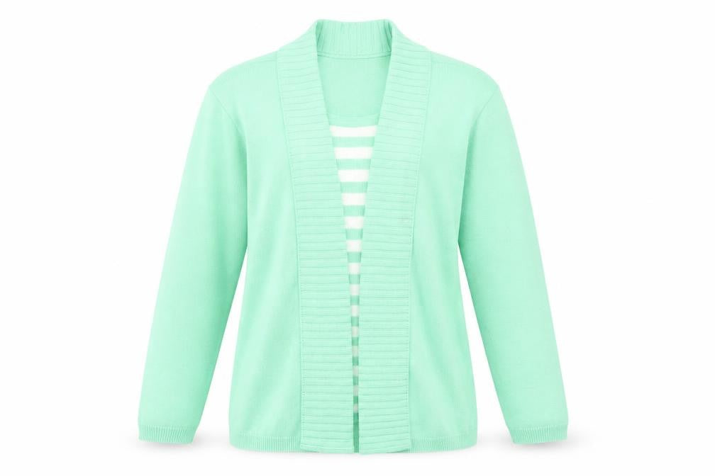 Front view of Impressions women’s green striped jumper, size L