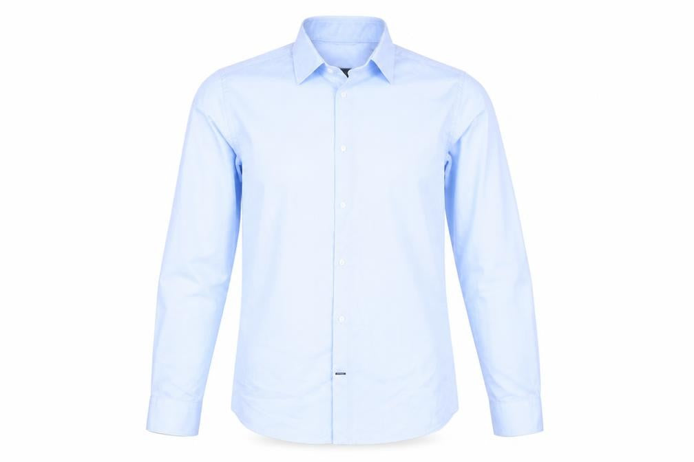 Front view of Burton men’s blue button-up, size 14.5