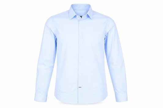 Front view of Burton men’s blue button-up, size 14.5