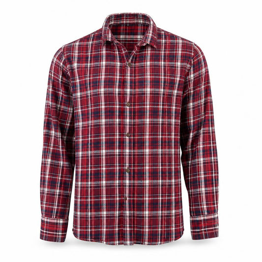 Front view of Avenue men’s red check button-up, size S
