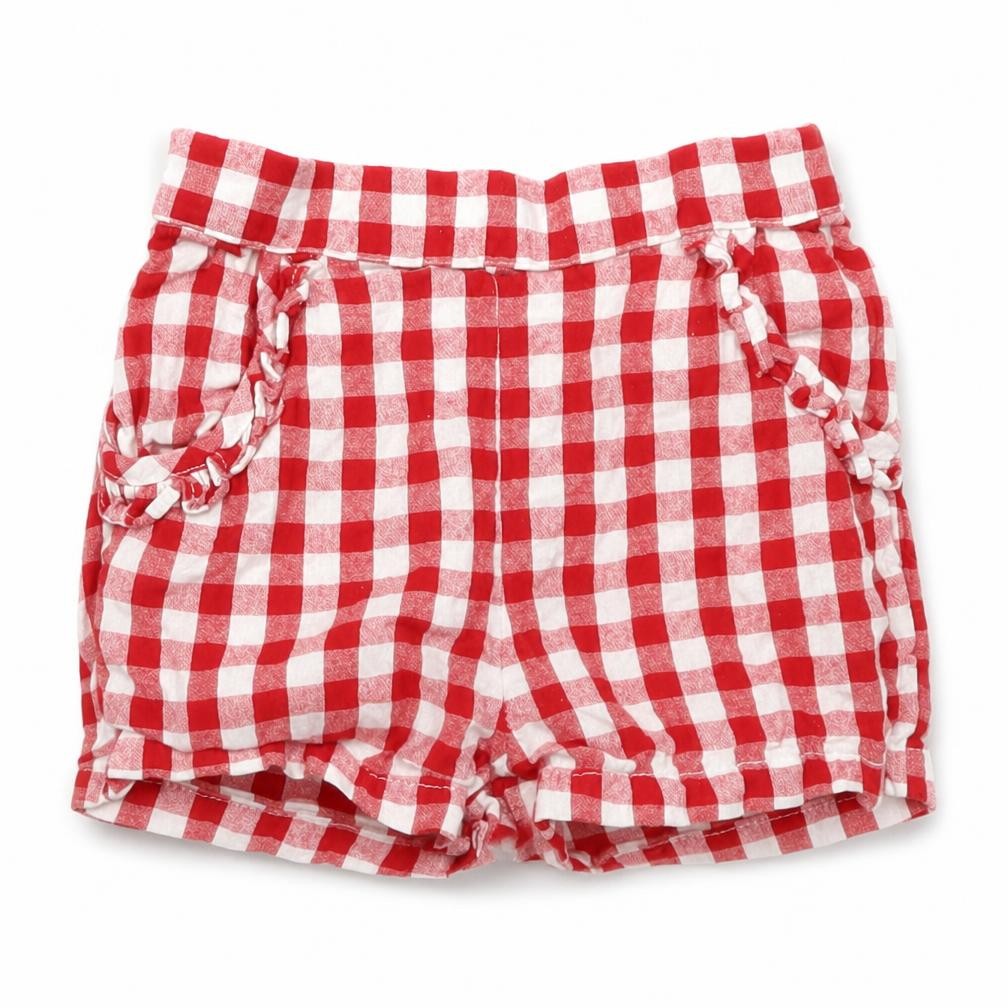 Front view of Nutmeg girls’ red check paperbag shorts, size 2-3, years