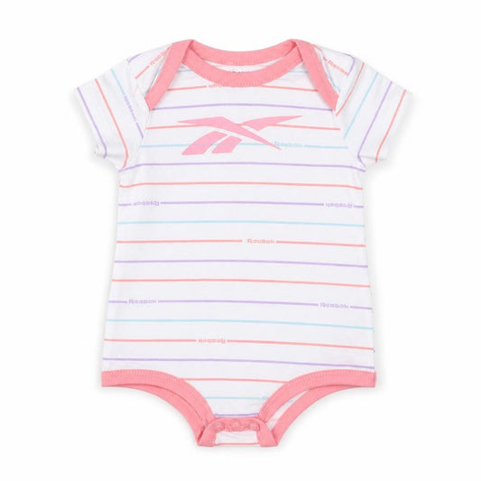 Front view of Reebok girls’ multicoloured striped babygrow one-piece, size 0-3, months
