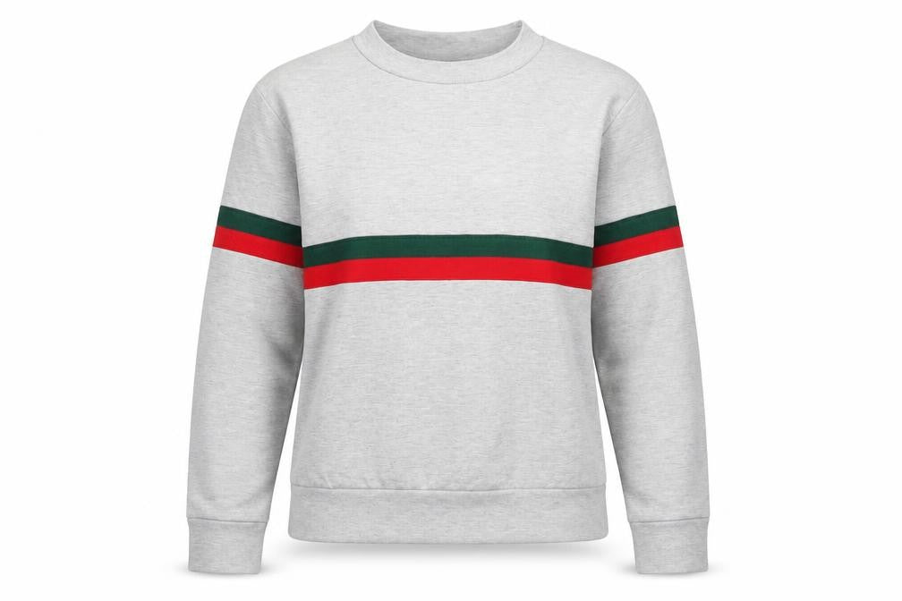 Front view of Misspap women’s grey striped jersey pullover sweatshirt, size S