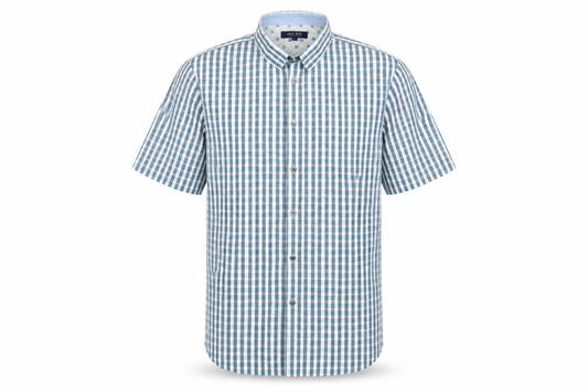 Front view of Jack Reid men’s blue button-up, size L