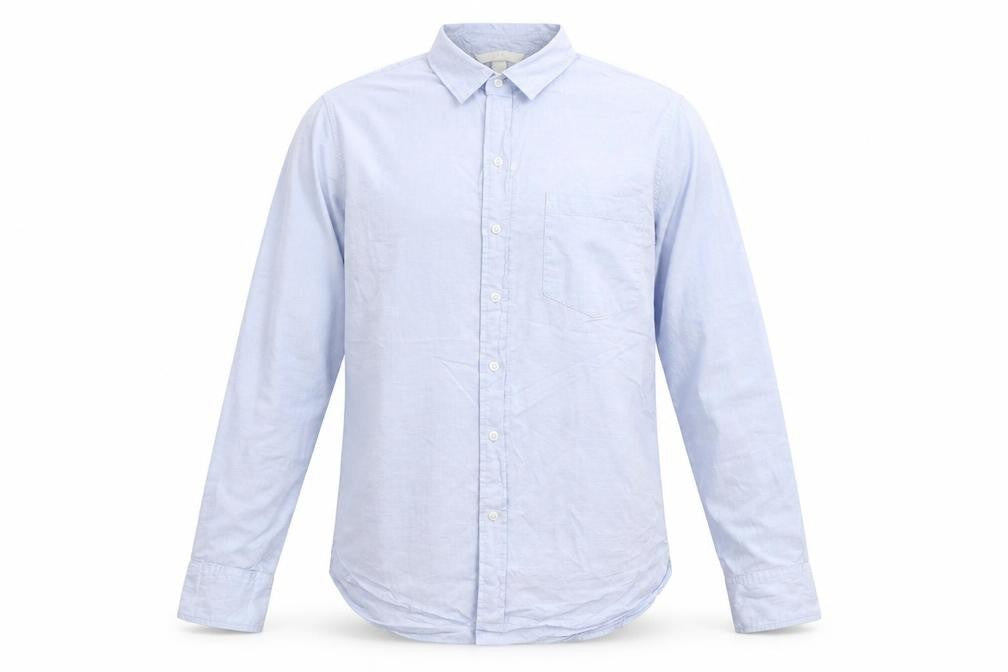 Front view of H&M men’s blue button-up, size S