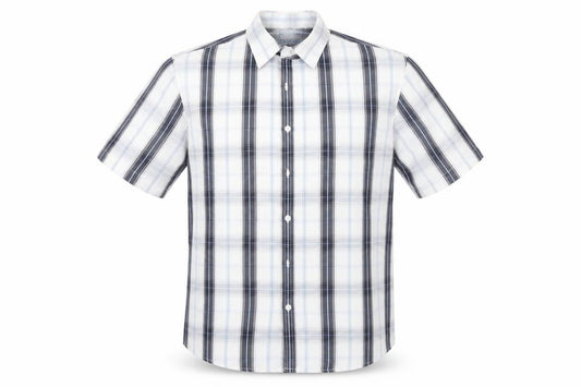 Front view of Urban Spirit men’s blue plaid button-up, size M