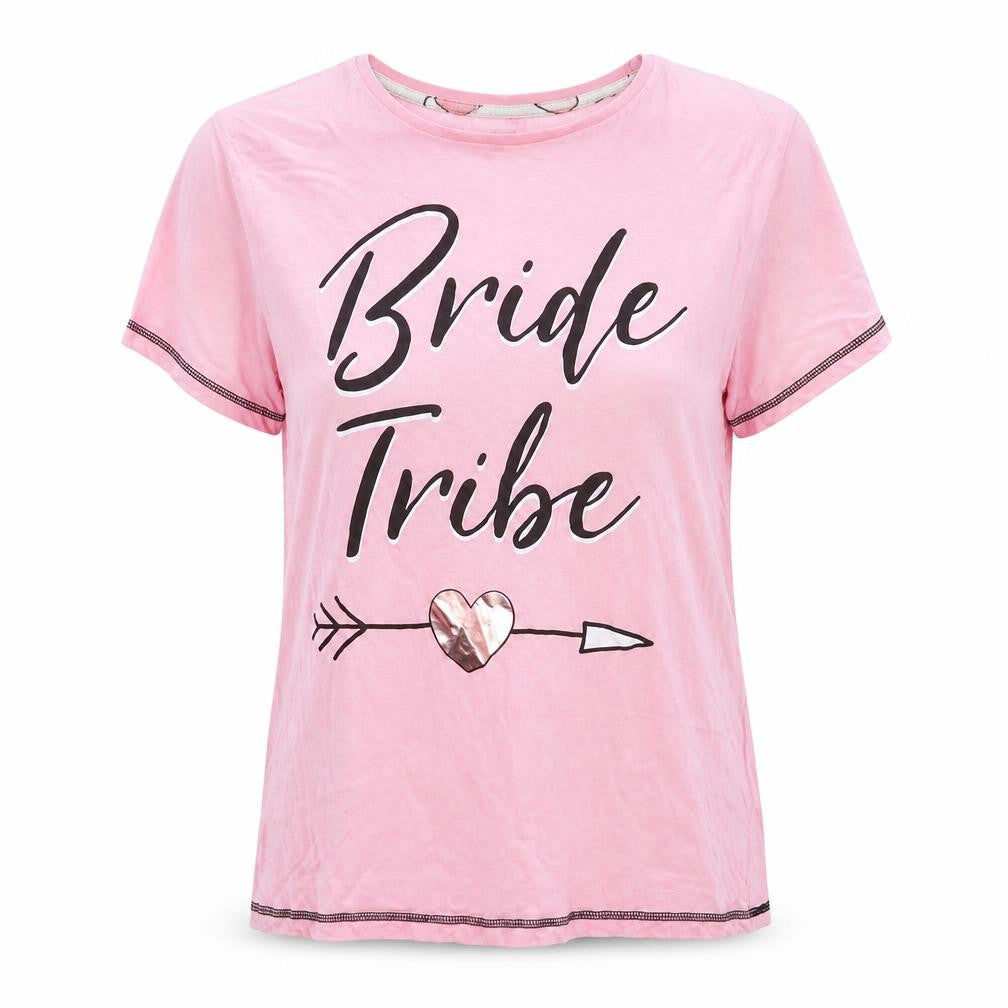 Front view of Studio Sleepwear women’s pink basic t-shirt, size UK 16, - bride tribe