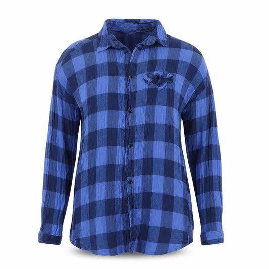 Front view of Lee women’s blue check basic button-up, size XS