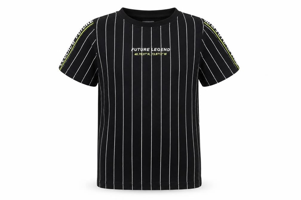 Front view of Studio boys’ black striped basic t-shirt, size 8-9, years - future legend