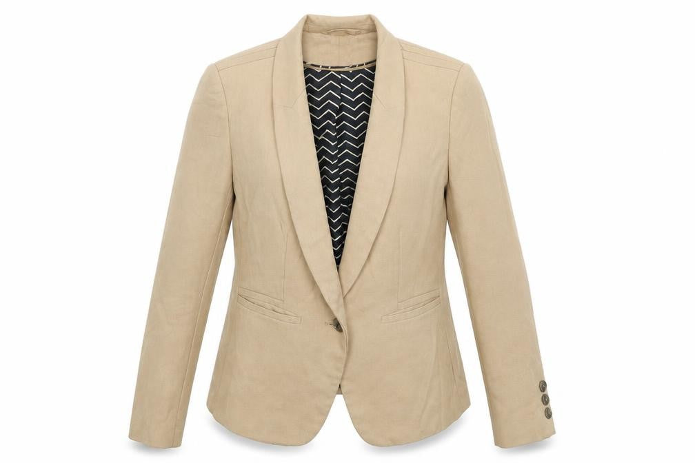 Front view of Marks & Spencer women’s beige jacket suit jacket, size UK 12