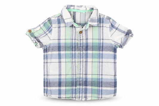 Front view of Tu boys’ blue check basic button-up, size 12-18, months