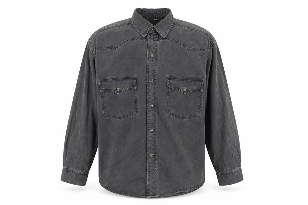 Front view of RL sportswear men’s grey button-up, size M