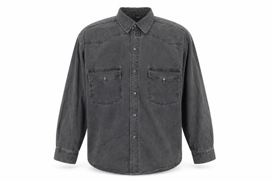 Front view of RL sportswear men’s grey button-up, size M