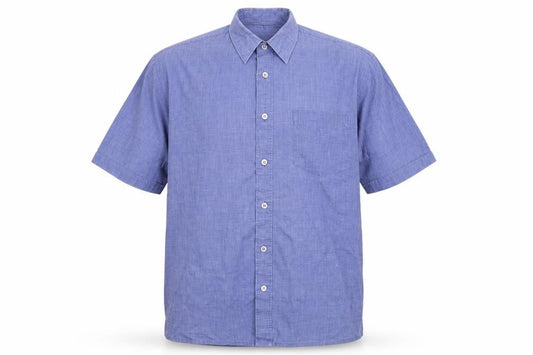 Front view of Barney Miller men’s blue button-up, size M