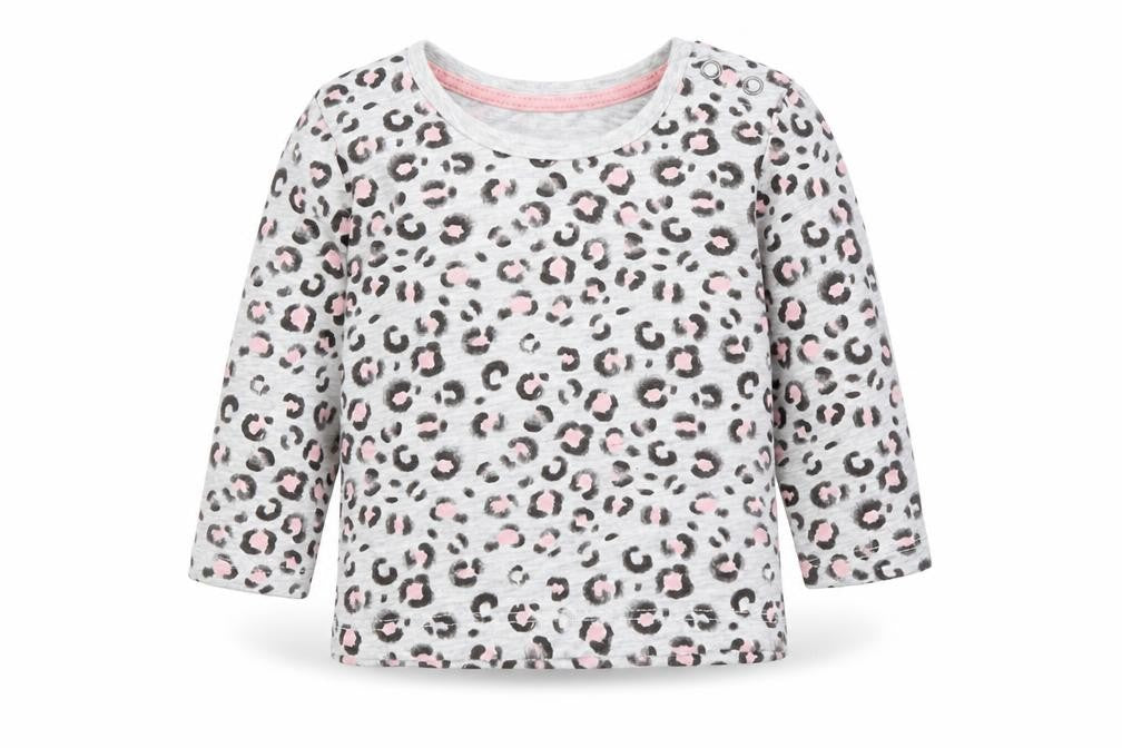 Front view of Primark Baby Grey Animal Print Basic T-Shirt, size 3-6, Months