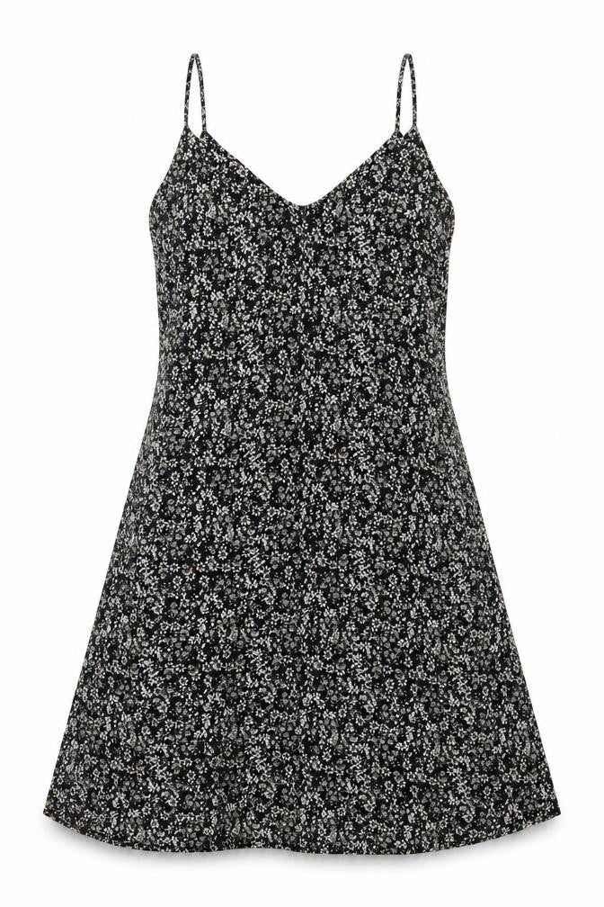 Front view of Primark women’s black floral a-line, size UK 10