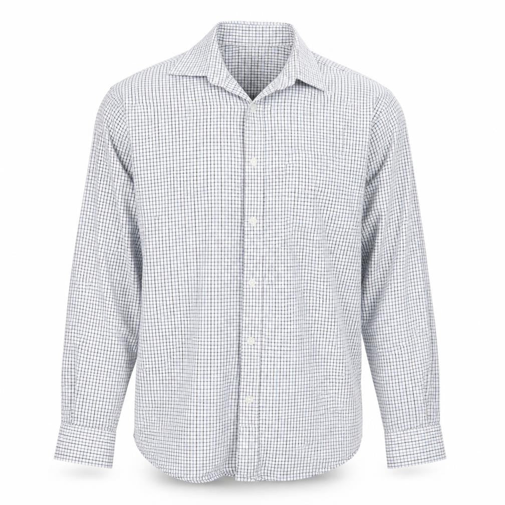 Front view of EWM men’s blue check button-up, size M