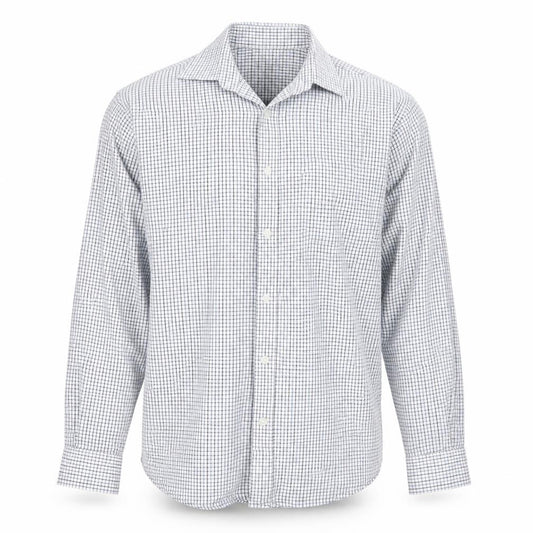 Front view of EWM men’s blue check button-up, size M