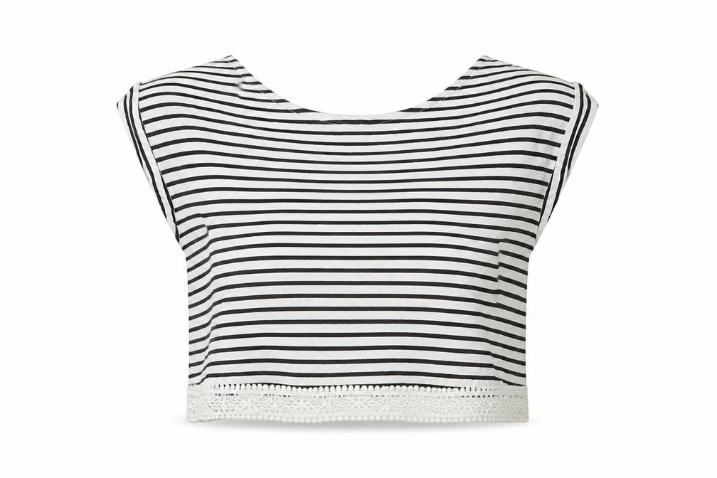 Front view of Miss Selfridge women’s blue striped basic t-shirt, size UK 6