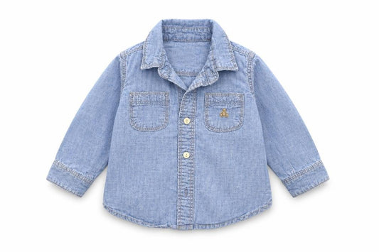 Front view of Gap Baby Blue Denim Basic Button-Up, size 12-18, Months
