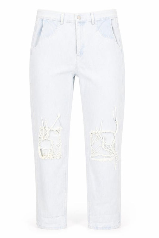 Front view of Topshop women’s blue denim mom jeans, size UK 10, 26-inch leg