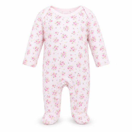 Front view of Bebe Bonito girls’ pink floral babygrow one-piece, size 3-6, months