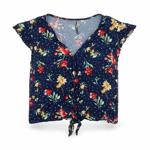 Bershka Womens Blue Floral  Cropped T-Shirt Size S