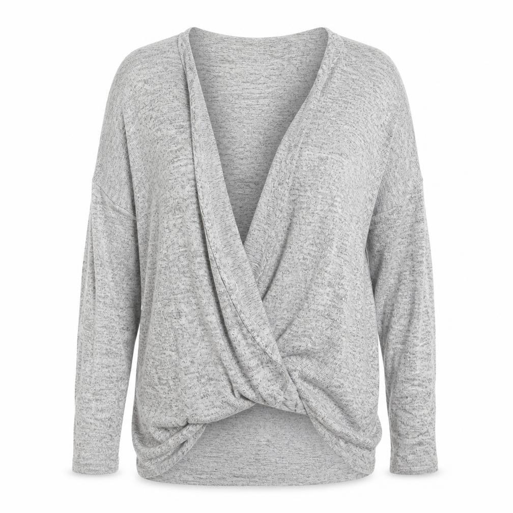 Front view of Atmosphere women’s grey wrap jumper, size UK 14