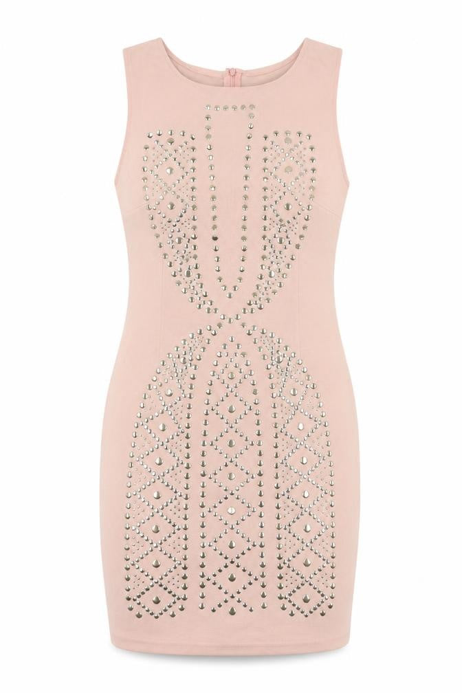 Front view of Layers women’s pink geometric jersey bodycon, size S