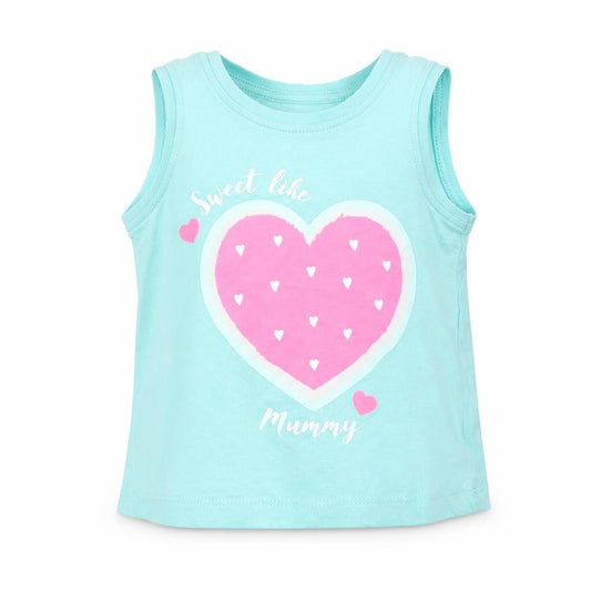 Front view of Primark girls’ blue basic tank, size 9-12, months