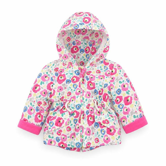 Front view of F&F girls’ multicoloured floral basic coat coat, size 0-3, months
