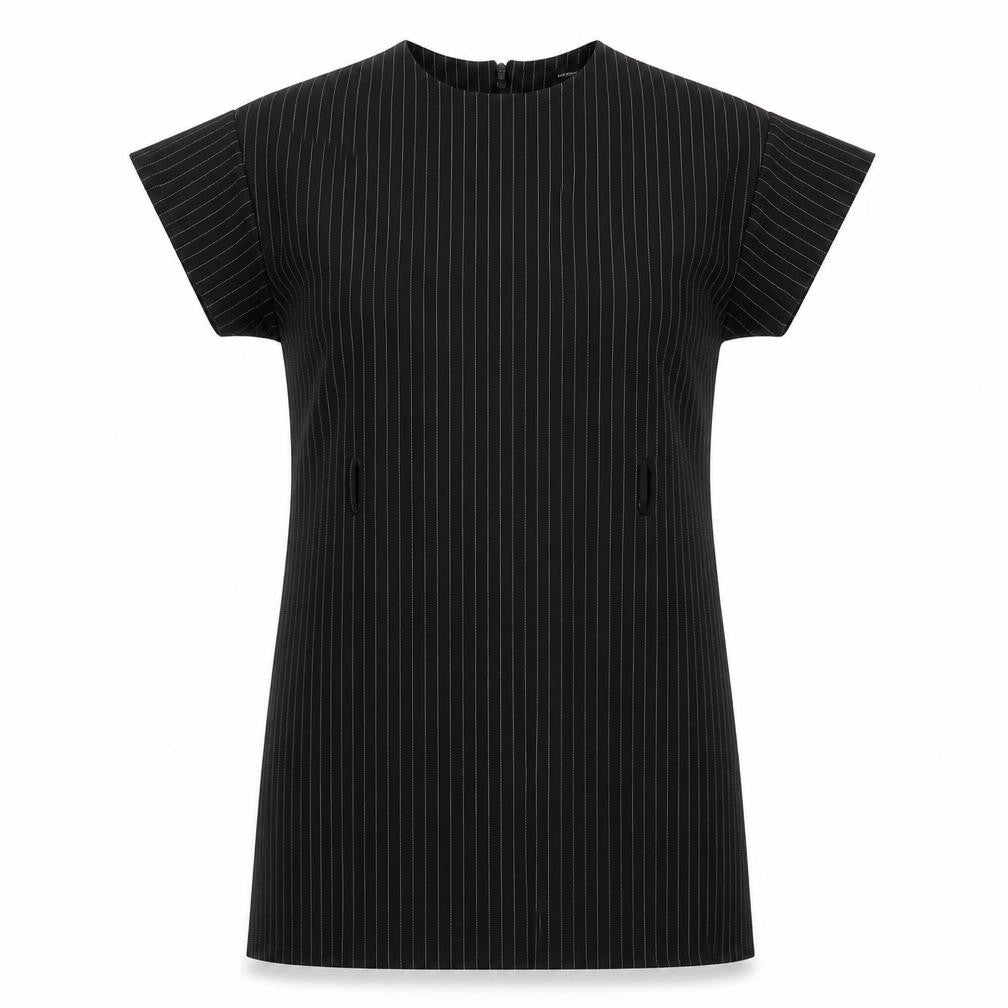 Front view of PRETTYLITTLETHING women’s black striped a-line, size UK 6