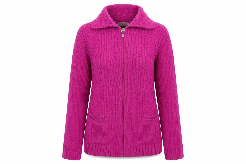 Front view of glimpse women’s pink full zip jumper, size L