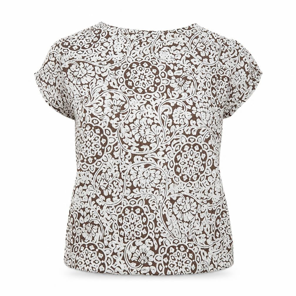 Front view of WESTONE women’s brown floral basic t-shirt, size UK 12