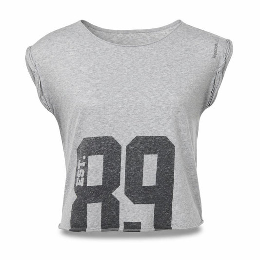 Front view of Reebok women’s grey basic t-shirt, size XS
